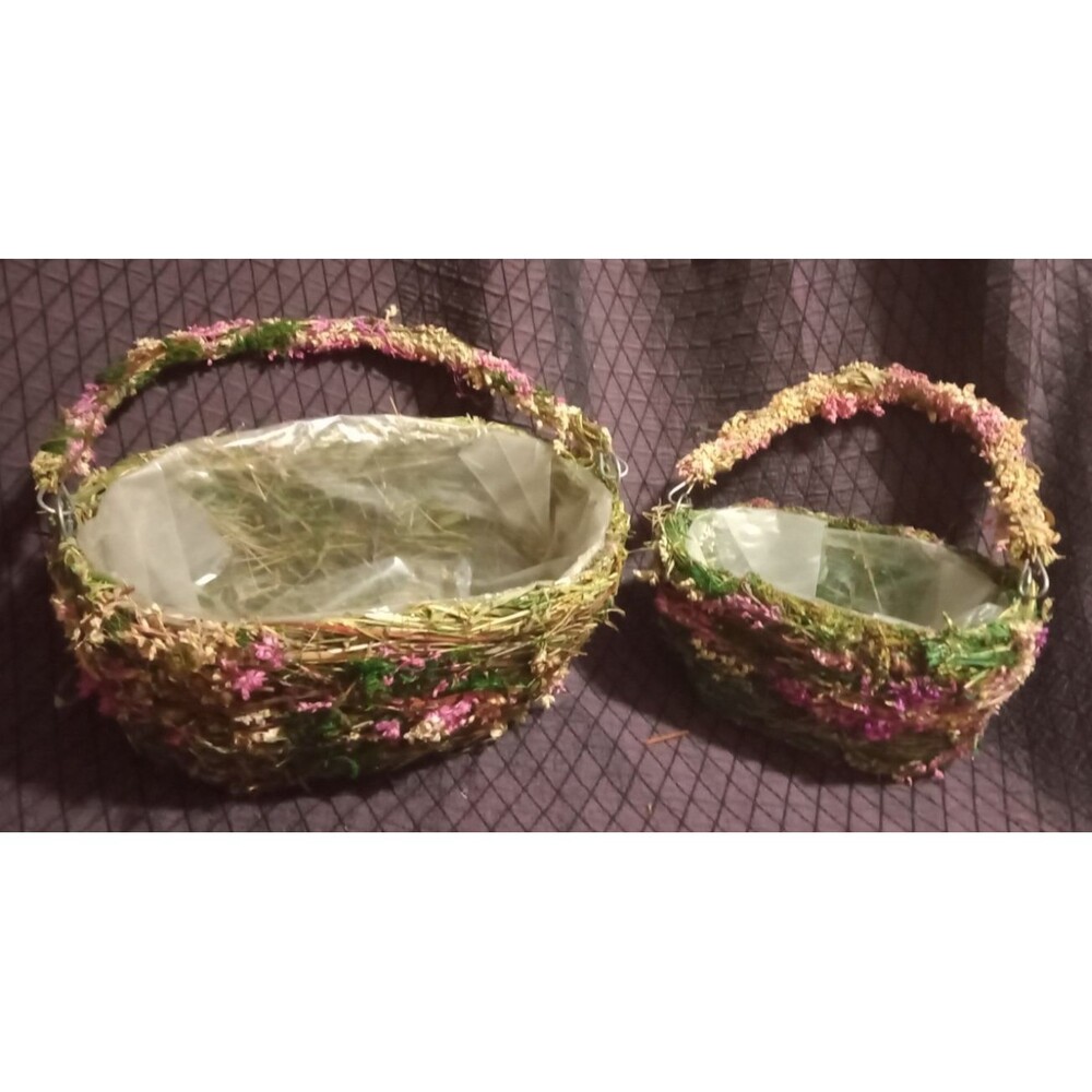 Decorative Twig Flower Moss Baskets with Liners Set of 2 Medium Small